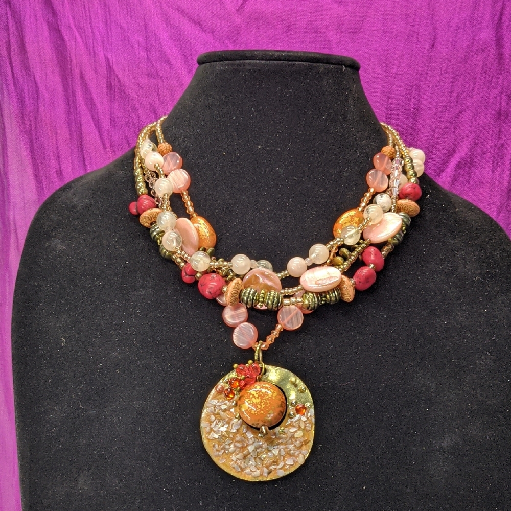Multi-strand Pink Mixed Metal And Variety Bead Necklace